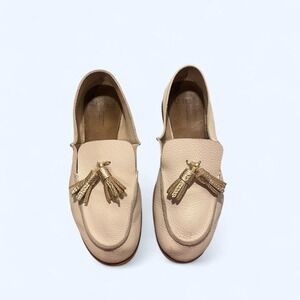 Cream leather loafers with gold tassels by Takumi Inomata size 9